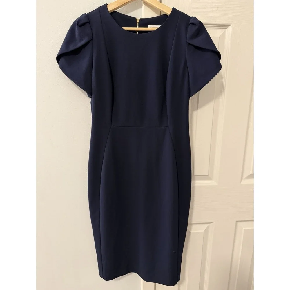 Calvin Klein Navy Blue Tulip Sleeve Stretch Crepe Sheath Dress Sz 10 NWT Office